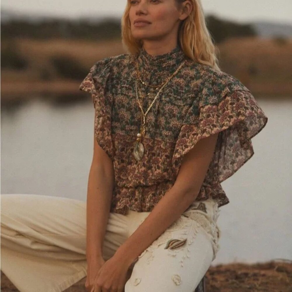 014 Anthropologie Let Me Be High Neck Printed Peasant Blouse NWOT Size XXS
